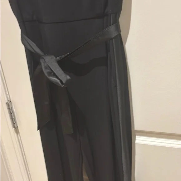 J. McLaughlin Classic Black Sleeveless Jumpsuit with Waist Tie and tuxedo stripe - Picture 3 of 5